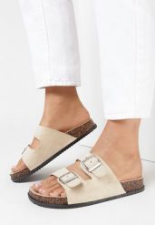 Beżowe Klapki Kleogoria. Brązowe klapki damskie Born2be, bez wzorów, eleganckie, bez obcasa, na płaskiej podeszwie. Za 59.99 zł.