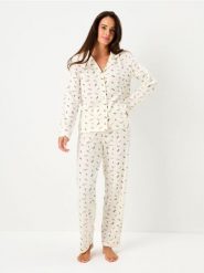 Bawełniana piżama dwuczęściowa ze wzorem - kremowy. Białe piżamy damskie Sinsay, l, bez wzorów, z bawełny, bez ramiączek. Za 79.99 zł.