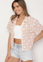 Różowa Bawełniana Koszula z Geometrycznym Motywem Melicene. Czerwone bluzki damskie Born2be, l, bez wzorów, z bawełny, eleganckie, bez kołnierzyka, bez ramiączek. Za 129.99 zł.