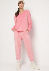 Jasnoróżowy Welurowy Komplet Dresowy Bluza z Trójkątnym Dekoltem i Spodnie z Kieszeniami Onchia. Czerwone bluzy damskie Born2be, l, bez wzorów, z dresówki, bez kaptura. Za 99.99 zł.