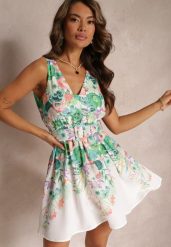 Zielona Sukienka Mini w Kwiaty z Gumką w Talii i Paskiem z Okrągłą Klamrą Helerava. Zielone sukienki damskie Renee, m, bez wzorów, z materiału, bez kołnierzyka, bez ramiączek, mini. Za 139.99 zł.