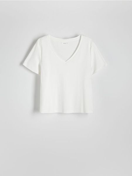 Bawełniany t-shirt - złamana biel. T-shirty damskie Reserved, l, bez wzorów, z bawełny, bez kołnierzyka. W wyprzedaży za 29.99 zł.