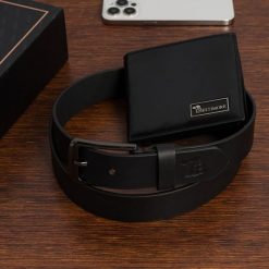 Zestaw prezentowy męski skórzany pasek portfel pudełko premium czarny Beltimore Z19. Czarne paski damskie bez wzorów. Za 129.99 zł.