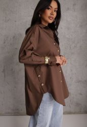 Brązowa Oversizowa Koszula z Bawełny z Eleganckimi Guzikami Rhenenore. Brązowe bluzki damskie Renee, l, bez wzorów, z bawełny, casualowe, bez kołnierzyka, bez ramiączek. Za 169.99 zł.