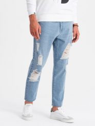 Męskie spodnie jeansowe TAPERED FIT z dziurami – jasnoniebieskie V1 OM-PADP-0175 - XXL. Niebieskie spodnie materiałowe męskie Ombre Clothing, l, bez wzorów, z bawełny, eleganckie. Za 113.99 zł.