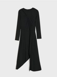 Sukienka midi z asymetrycznym dołem - czarny. Czarne sukienki damskie Sinsay, l, bez wzorów, z asymetrycznym kołnierzem, bez ramiączek, midi, asymetryczne. Za 59.99 zł.