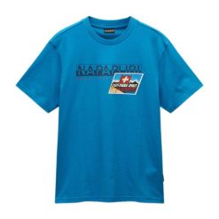 Koszulka męska Napapijri S-Portalet. Niebieskie koszulki sportowe męskie Napapijri, m, bez wzorów, bez kołnierzyka, bez ramiączek, trekkingowe. Za 129.99 zł.