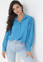 Niebieska Koszula z Plisowanymi Rękawami Leophone. Niebieskie bluzki damskie Born2be, bez wzorów, eleganckie, bez kołnierzyka, bez ramiączek. Za 89.99 zł.