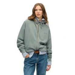 Kurtka dresowa z kapturem zapinana na zamek, damska, z rękawami raglanowymi Supe. Zielone kurtki damskie Superdry., bez wzorów, z dresówki, bez kołnierzyka. Za 327.70 zł.