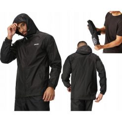 Kurtka przeciwdeszczowa dla mężczyzn Regatta RMW281 z kapturem. Czarne kurtki męskie Regatta, m, bez wzorów, trekkingowe. W wyprzedaży za 109.99 zł.