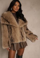 Jasnobrązowa Kurtka Futerko o Kroju Oversize z Ozdobnym Kołnierzem Monella. Brązowe kurtki damskie Renee, l, bez wzorów, z futra, bez kaptura. Za 259.99 zł.