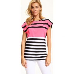 T-SHIRT KRÓTKI RĘKAW DAMSKI W PASKI. Czarne t-shirty damskie TOP SECRET, m, bez wzorów, bez kołnierzyka. W wyprzedaży za 14.99 zł.