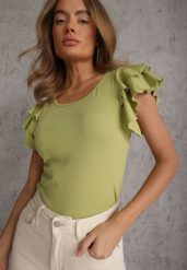 Zielona Gładka Bluzka z Bawełny z Rękawkami z Falbanek Nedaxera. Zielone t-shirty i topy dla dziewczynek Renee, bez wzorów, z bawełny, bez ramiączek. Za 59.99 zł.