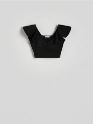 Bluzka z falbankami - czarny. Czarne bluzki damskie Reserved, l, bez wzorów, z dzianiny, bez kołnierzyka, bez ramiączek. W wyprzedaży za 35.99 zł.