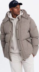 Kurtka męska Ombre Mocno ocieplana męska kurtka typu puffer w pepitkę brązowa V1 OM-JAHP-0174 XXL. Brązowe kurtki męskie Ombre, m, bez wzorów, bez kaptura. Za 569.99 zł.