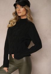 Czarny Sweter w Warkoczykowy Splot Mikke. Czarne swetry damskie Renee, bez wzorów, z dzianiny, casualowe, bez kołnierzyka, bez ramiączek, długie, bez kaptura. Za 64.99 zł.