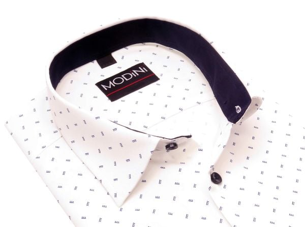 Biała koszula męska Modini z granatowym wzorem DD17. Białe koszule męskie Modini Moda Męska, m, bez wzorów, z bawełny, casualowe, bez kołnierzyka, bez ramiączek. W wyprzedaży za 179.10 zł.