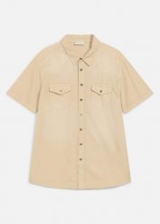 Koszula jeansowa z krótkim rękawem z kolorowego denimu, slim fit. Brązowe koszule męskie bonprix, l, bez wzorów, z denimu, eleganckie, bez kołnierzyka, bez ramiączek. Za 59.99 zł.