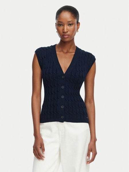 Tommy Hilfiger Kardigan Mid Gg Cable WW0WW50075 Granatowy Regular Fit. Niebieskie kardigany damskie Tommy Hilfiger, m, bez wzorów, z bawełny, bez kołnierzyka, bez ramiączek, bez kaptura. Za 529.99 zł.
