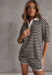 Beżowo-Czarny Oversizowy Komplet z Dzianiny w Paski Koszulka Polo i Krótkie Spodenki Nanea. Brązowe spodenki dla dziewczynek Renee, bez wzorów, z dzianiny, sportowe. Za 169.99 zł.