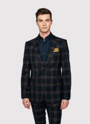 PAKO LORENTE – Granatowa marynarka garniturowa w kratę. Marynarki męskie Pako Lorente, bez wzorów, z wełny, boho. Za 299.99 zł.