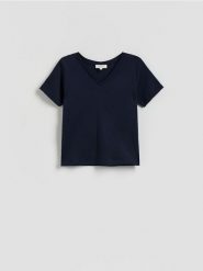 Gładki t-shirt - granatowy. Niebieskie t-shirty damskie Reserved, l, bez wzorów, z bawełny, bez kołnierzyka. Za 89.99 zł.
