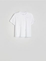 T-shirt regular z kokardkami - złamana biel. T-shirty damskie Reserved, l, bez wzorów, z bawełny, bez kołnierzyka. W wyprzedaży za 29.99 zł.