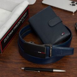 Zestaw prezentowy męski skórzany pasek portfel pudełko premium Beltimore Z51. Niebieskie paski damskie bez wzorów. Za 100.99 zł.