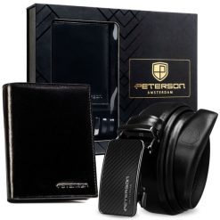 Zestaw prezentowy: portfel męski w czarnym kolorze i pasek ze skóry naturalnej - Peterson. Czarne paski damskie bez wzorów, ze skóry. Za 119.99 zł.