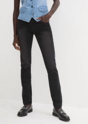 Dżinsy straight, mid waist, super stretch, z wygodnym paskiem. Niebieskie jeansy damskie bonprix. Za 149.99 zł.