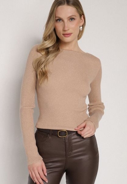 Beżowy Sweter z Wiskozą i Metaliczną Nitką Lillanova. Brązowe swetry damskie Born2be, s, bez wzorów, z jeansu, bez kołnierzyka, bez ramiączek, długie, bez kaptura. Za 79.99 zł.
