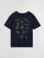 Bawełniana koszulka ze złotym nadrukiem - granatowy. Niebieskie t-shirty damskie Sinsay, l, bez wzorów, z bawełny, bez kołnierzyka. Za 25.99 zł.