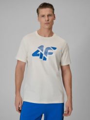 4F T-shirt regular z nadrukiem męski - beżowy L. Brązowe t-shirty męskie 4f, l, bez wzorów, z bawełny, bez kołnierzyka. Za 59.99 zł.
