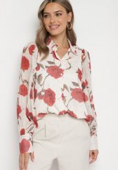 Beżowo-Czerwona Koszula w Kwiaty z Transparentnymi Rękawami Heslinea. Brązowe bluzki damskie Born2be, l, bez wzorów, z jeansu, eleganckie, bez kołnierzyka, bez ramiączek. Za 64.99 zł.