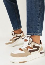 Ciemnobeżowe Sneakersy z Imitacji Skóry z Ozdobnymi Wstawkami Xavara. Brązowe obuwie sportowe damskie Born2be, bez wzorów, ze skóry. Za 99.99 zł.