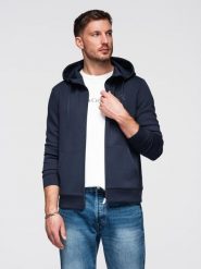 Bluza rozpinana męska z kapturem z gładkiej dzianiny - granatowa V4 - Rozmiar: L. Niebieskie bluzy męskie Ombre Clothing, l, bez wzorów, z dzianiny, z kapturem, trekkingowe. Za 229.99 zł.