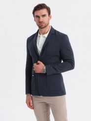 Męska marynarka SLIM z dzianiny o subtelnej strukturze – granatowa V3 - Rozmiar: XL. Niebieskie marynarki męskie Ombre Clothing, bez wzorów, z dzianiny, biznesowe. W wyprzedaży za 314.99 zł.