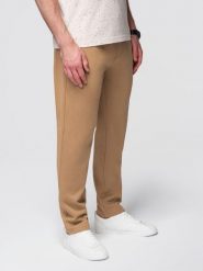 Męskie spodnie dresowe z nogawką bez ściągacza - brązowe V2 - Rozmiar: M. Brązowe spodnie sportowe męskie Ombre Clothing, l, bez wzorów, z bawełny. W wyprzedaży za 127.49 zł.