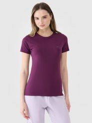 4F T-shirt slim gładki damski - fioletowy M. Fioletowe koszulki sportowe damskie 4f, m, bez wzorów, z bawełny, klasyczne, bez kołnierzyka. Za 39.99 zł.