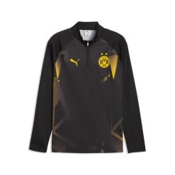 Męska koszulka na rozgrzewkę Borussia Dortmund z zamkiem 1/4 PUMA. Czarne koszulki sportowe męskie Puma, l, bez wzorów, z materiału, bez kołnierzyka, bez ramiączek, do piłki nożnej. Za 349.00 zł.