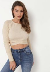 Beżowy Dopasowany Sweter z Ozdobnym Krótszym Dołem Jamorsen. Brązowe swetry damskie Born2be, bez wzorów, z jeansu, eleganckie, bez kołnierzyka, bez ramiączek, krótkie, bez kaptura. Za 139.99 zł.