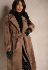 Brązowy Szlafrokowy Płaszcz Wiązany w Talii z Futerka Izalora. Brązowe płaszcze damskie Renee, xl, bez wzorów, z jeansu, eleganckie, bez kaptura. Za 359.99 zł.