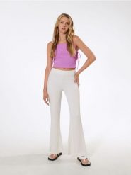 Spodnie wide leg high waist - kremowy. Białe spodnie materiałowe damskie Sinsay, l, bez wzorów, z włókna, z podwyższonym stanem. Za 33.99 zł.