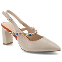 Czółenka Barski, z odkrytą piętą wykonane ze skóry naturalnej osadzone na stabilnym obcasie z regulowanym paskiem ozdobione kolorowymi kamieniami, be. Brązowe klapki damskie S.BARSKI, bez wzorów, ze skóry, bez obcasa, na obcasie, bez zapięcia. Za 309.00 zł.