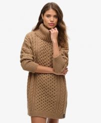 Superdry Sukienka Sweter z Golfem Cable. Brązowe swetry damskie Superdry., bez wzorów, z wełny, bez kołnierzyka, bez ramiączek, bez kaptura. Za 459.40 zł.
