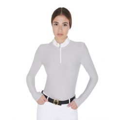 Damska koszulka polo z długim rękawem z miękkiej tkaniny technicznej. Szare koszulki sportowe damskie EQUESTRO, l, bez wzorów, z materiału, bez kołnierzyka, bez ramiączek. Za 190.90 zł.