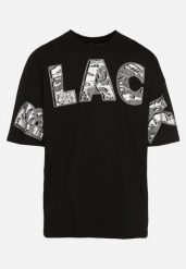 Czarna Bawełniana Koszulka T-shirt z Ozdobnym Nadrukiem Sanestia. Czarne t-shirty męskie Born2be, l, bez wzorów, z bawełny, eleganckie, bez kołnierzyka. Za 54.99 zł.