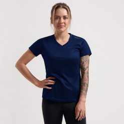Damska koszulka z krótkim rękawem Rogelli Promo. Niebieskie koszulki sportowe damskie Rogelli, m, bez wzorów, z materiału, bez kołnierzyka, bez ramiączek, do biegania. Za 74.40 zł.