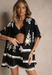 Czarny Komplet z Rustykalnym Wzorem z Szortami i Koszulą Tosnea. Czarne koszule damskie Renee, na lato, m, bez wzorów, eleganckie, bez kołnierzyka, bez ramiączek. Za 89.99 zł.