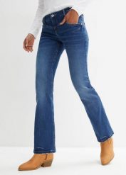 Jeansy ze stretchem o kroju bootcut, mid waist. Niebieskie jeansy damskie bonprix. Za 129.99 zł.